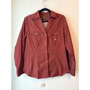 Roper Pearl Snap Button Down Womans Large Red Geometric Print Pocket Logo Wester
